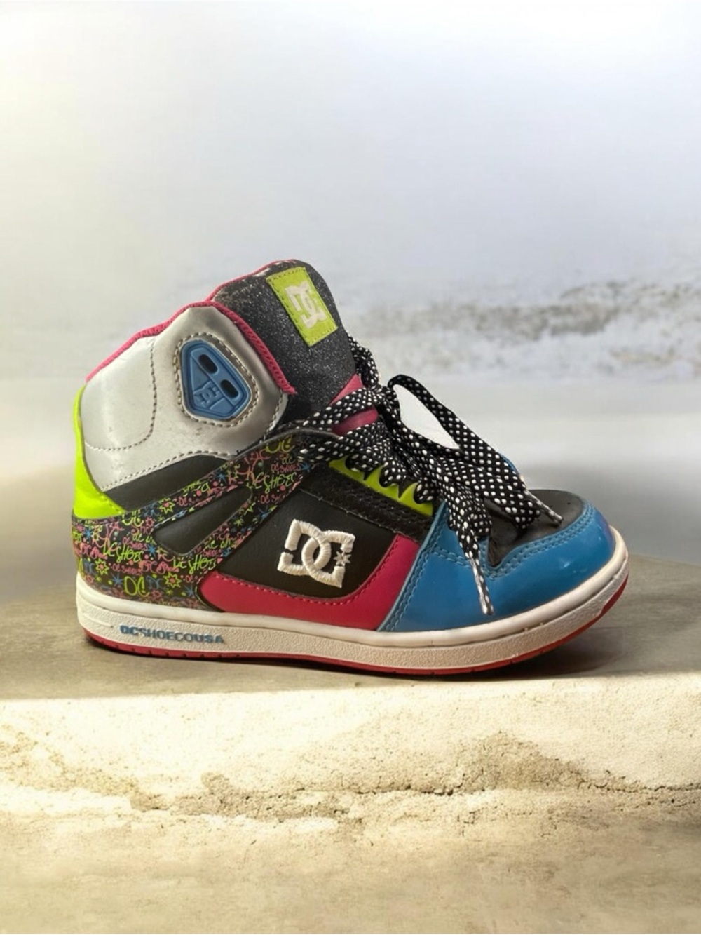 DC High-Top Retro Sneakers in Blue, Pink, Neon Yellow, Black, White